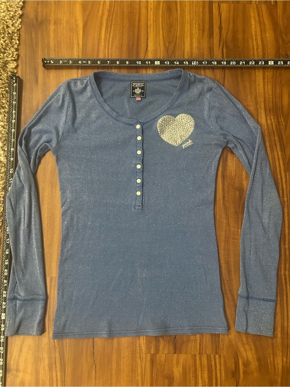 PINK Victoria's Secret Rhinestone Heart Blue Long Sleeve Tee